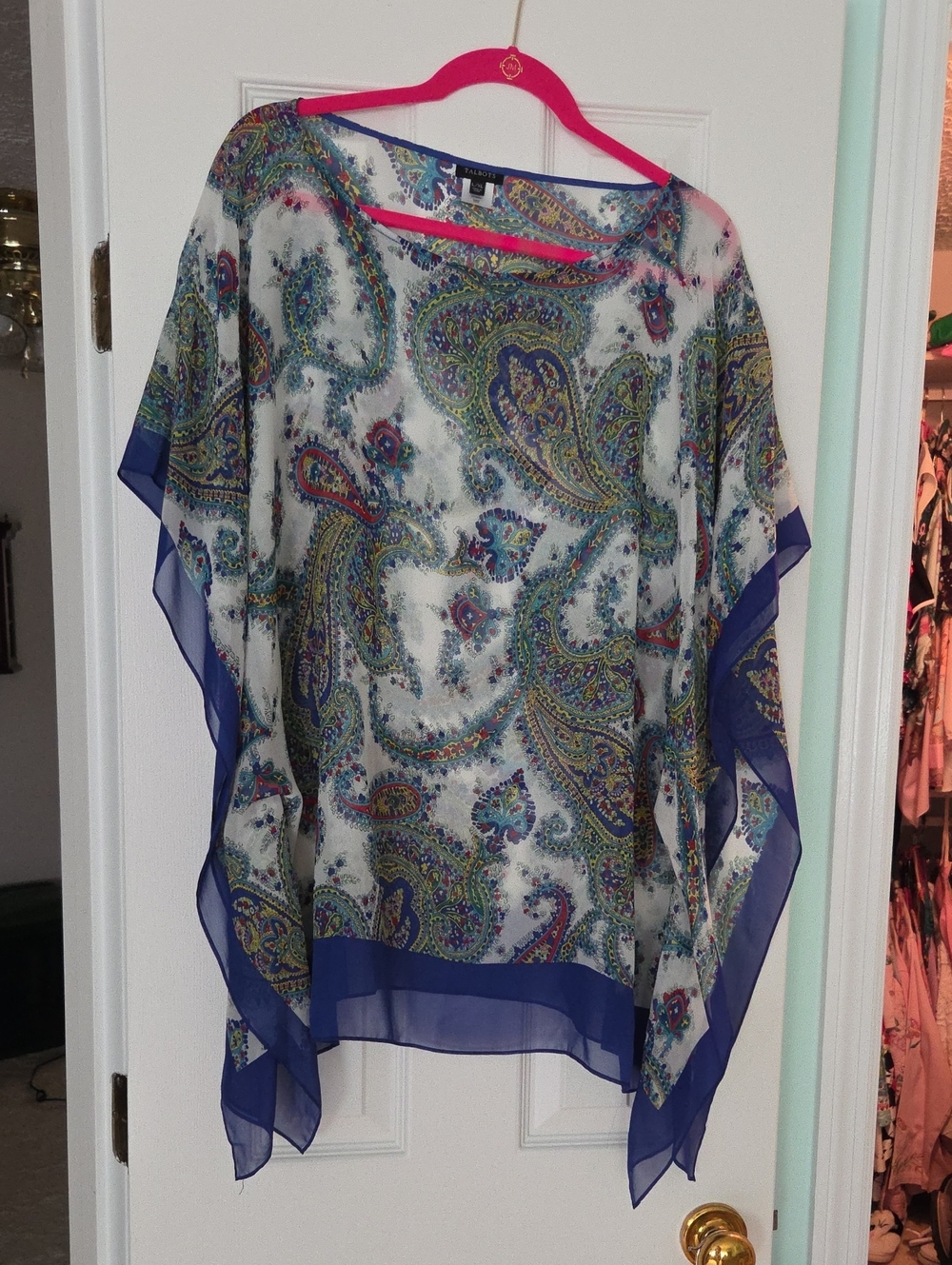 Talbots Sheer Paisley Poncho Top in Navy, White, Green
